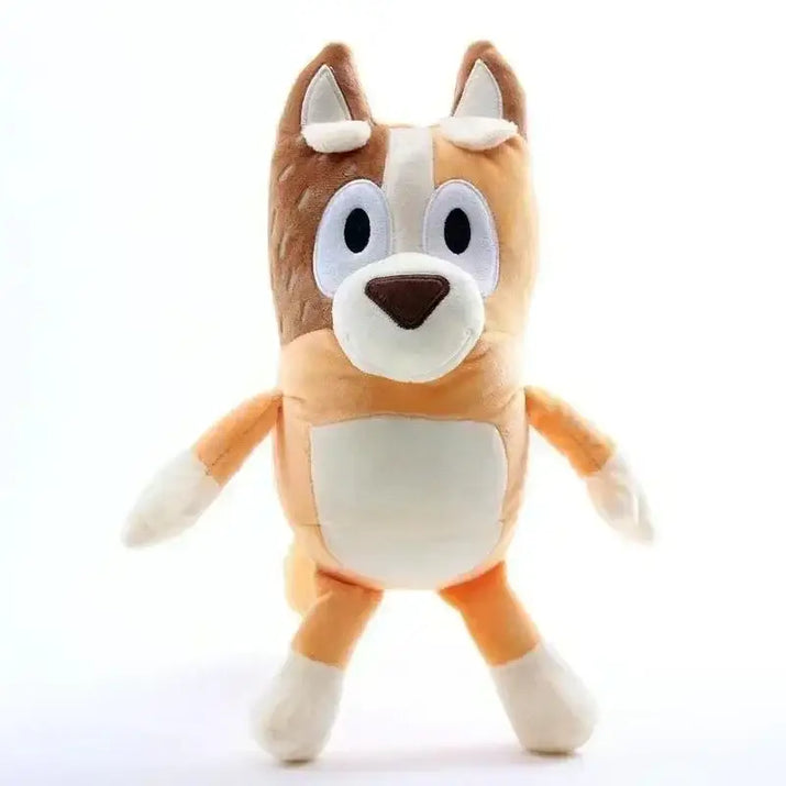 Plush toy fox with a white belly on a white background