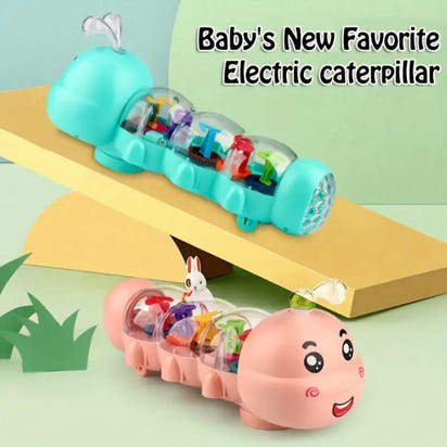 Toy caterpillar with a smiling face on a green background, labeled 'Baby's New Favorite Electric Caterpillar'.