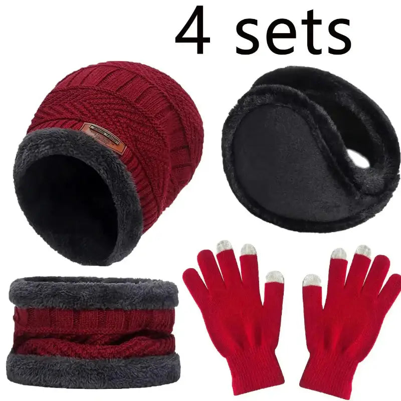 Set of red and black winter accessories including a beanie, ear muffs, scarf, and gloves on a white background.