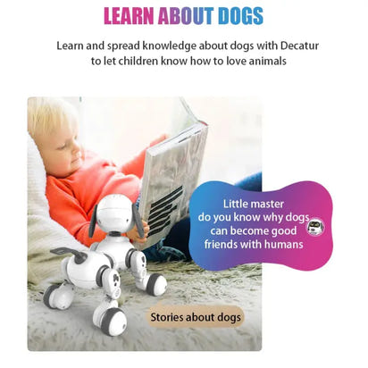 Child reading with a robot dog, promoting education about dogs.