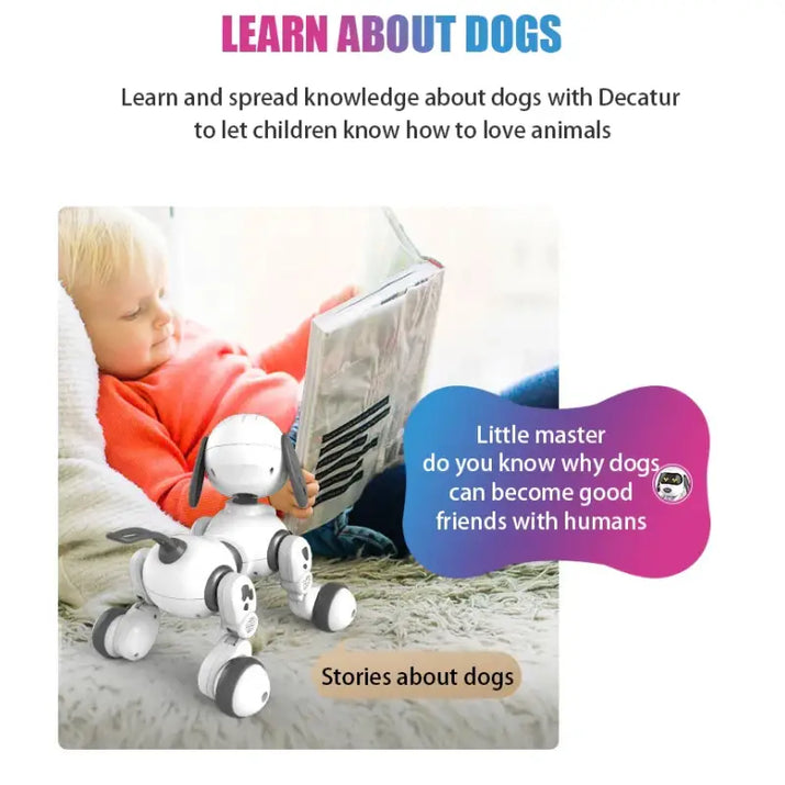 Child reading with a robot dog, promoting education about dogs.