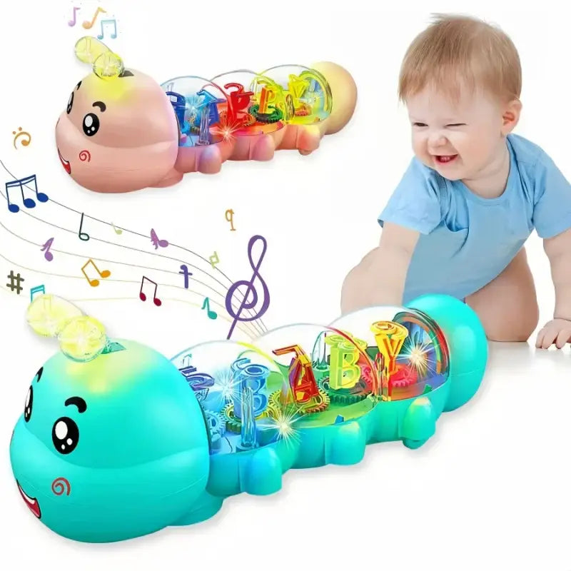 Two colorful caterpillar-shaped toys with letters and music notes, one with a baby in the background.