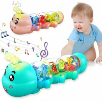 Two colorful caterpillar-shaped toys with letters and music notes, one with a baby in the background.