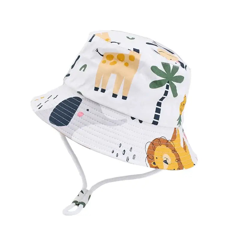 White bucket hat with animal print, cartoon unisex fisherman hat for all genders