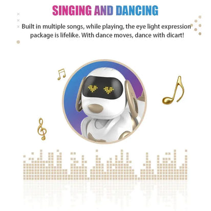 Singing and dancing robot with heart-eyed expression on a white background