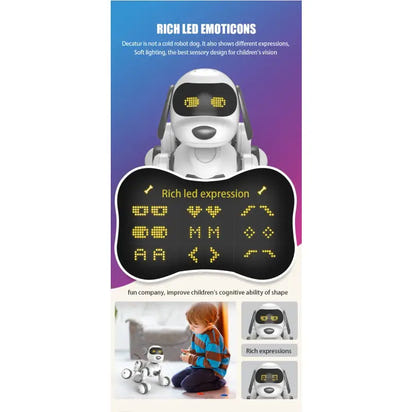 Robotic dog with LED emoticon display and child playing with it on a white background