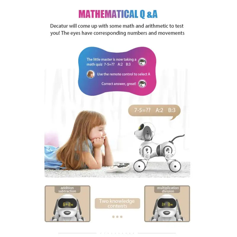 Educational toy with a child and math-themed text on a white background