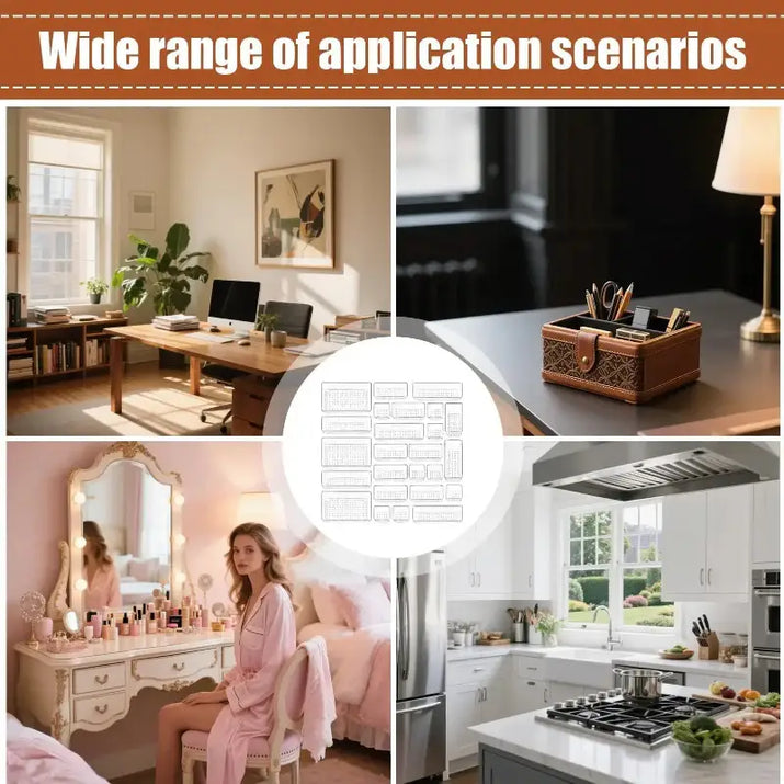 Collage of various application scenarios including a home office, desk setup, bedroom, and kitchen.
