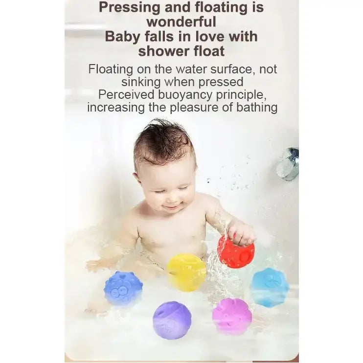 Baby toys including a colorful rubber ball and a soft rubber ball with text on how to use them.