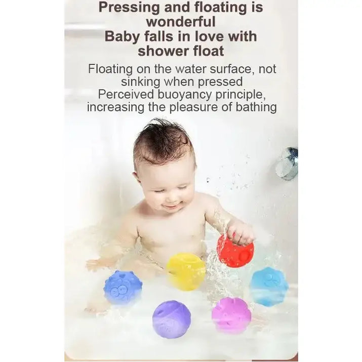 Baby toys including a colorful rubber ball and a soft rubber ball with text on how to use them.
