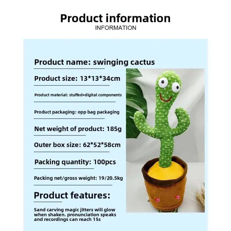 Swinging cactus toy with product information on a light blue background
