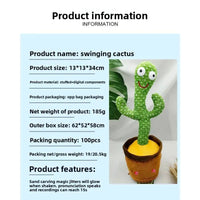Swinging cactus toy with product information on a light blue background