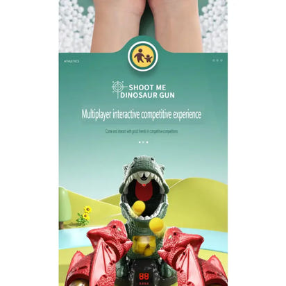 Dinosaur toy gun with a green and red design, featuring text about multiplayer interactive experience.