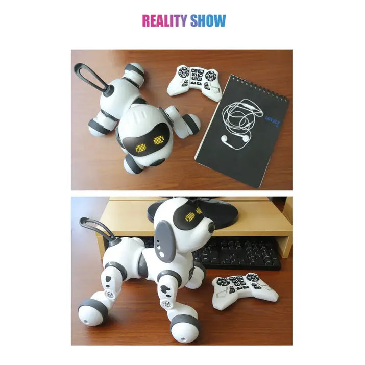 Robotic dog toy with remote control on a desk next to a notebook, labeled 'Reality Show'.