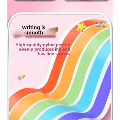 Colorful pen with text about smooth writing and high-quality nylon pen tip on a pink background
