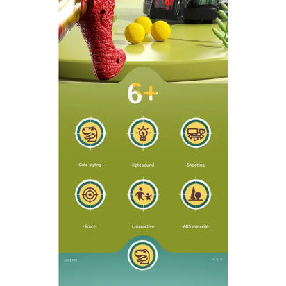 Product packaging with a green label featuring icons and text, including a red toy and yellow balls on a green surface.