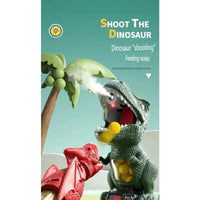 Toy dinosaur with a palm tree and text 'Shoot The Dinosaur' on a green background