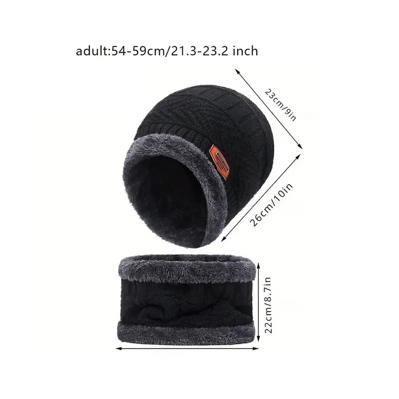 Black knitted beanie with gray interior and measurements on a white background