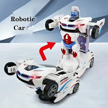 Robotic car transforming into a robot with a blue and gray background