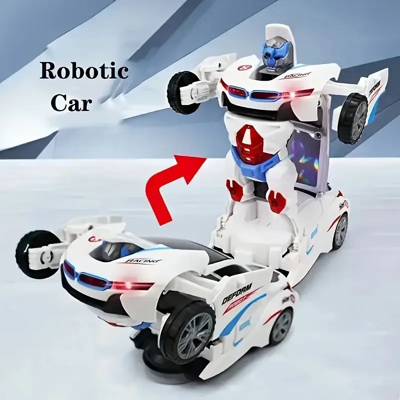 Robotic car transforming into a robot with a blue and gray background