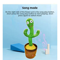 Animated cactus in a pot with song mode instructions on a blue background