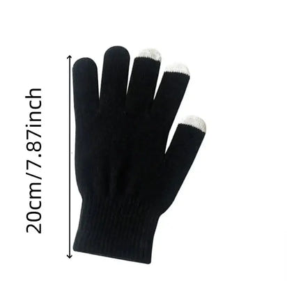 Black glove with white tips and measurement text on a white background