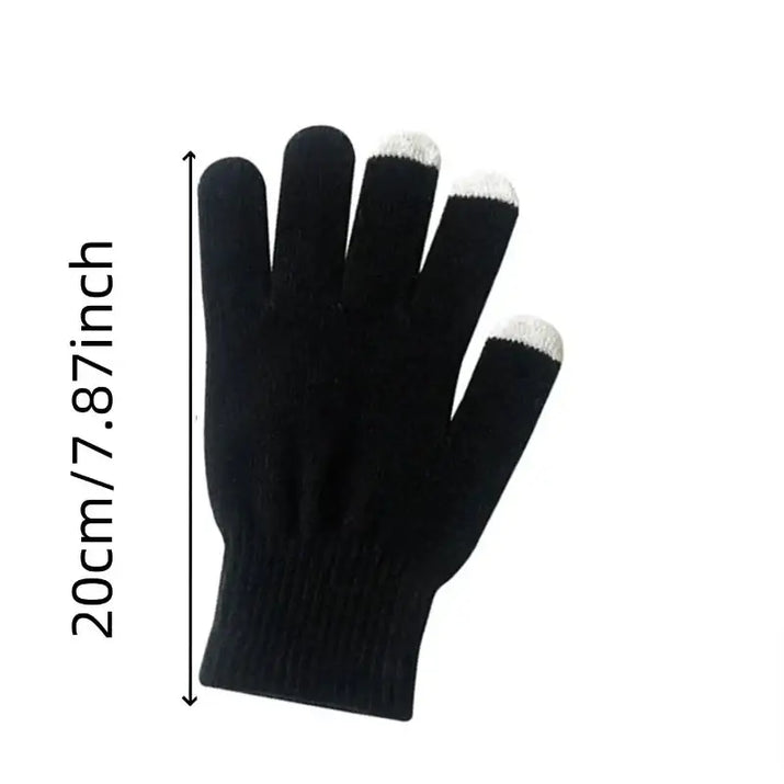 Black glove with white tips and measurement text on a white background