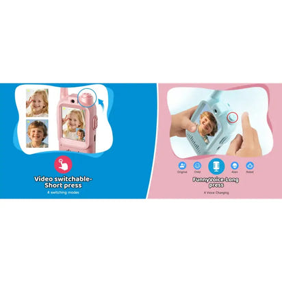 Two toy cameras with video switchable and voice changing features on a blue and pink background.