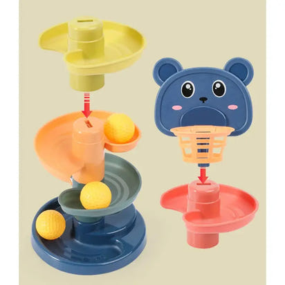 Colorful toy with a bear face design on a beige background