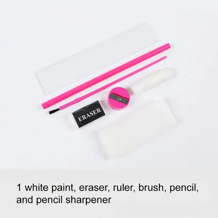White paint, eraser, ruler, brush, pencil, and pencil sharpener on a white background