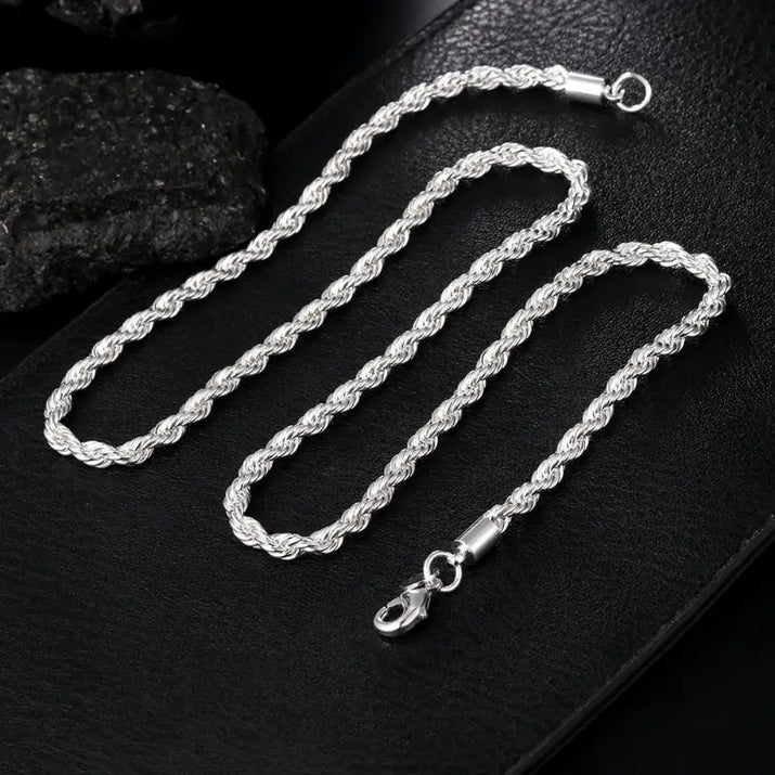 Sterling Silver Rope Chain Necklace with twisted silver chain design