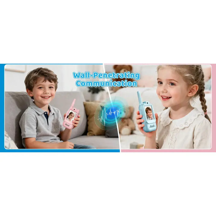 Two children with toy phones, one boy and one girl, on a couch with text 'Wall-Penetrating Communication'.