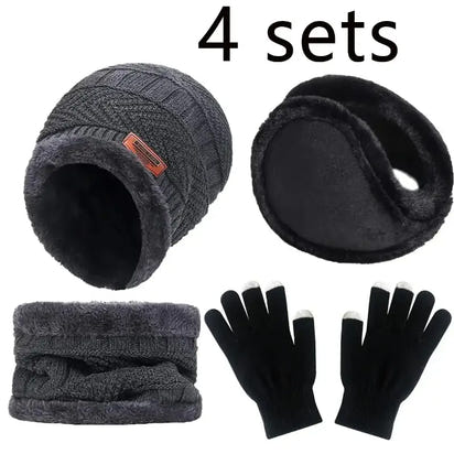 Set of winter accessories including a beanie, ear muffs, scarf, and gloves on a white background.
