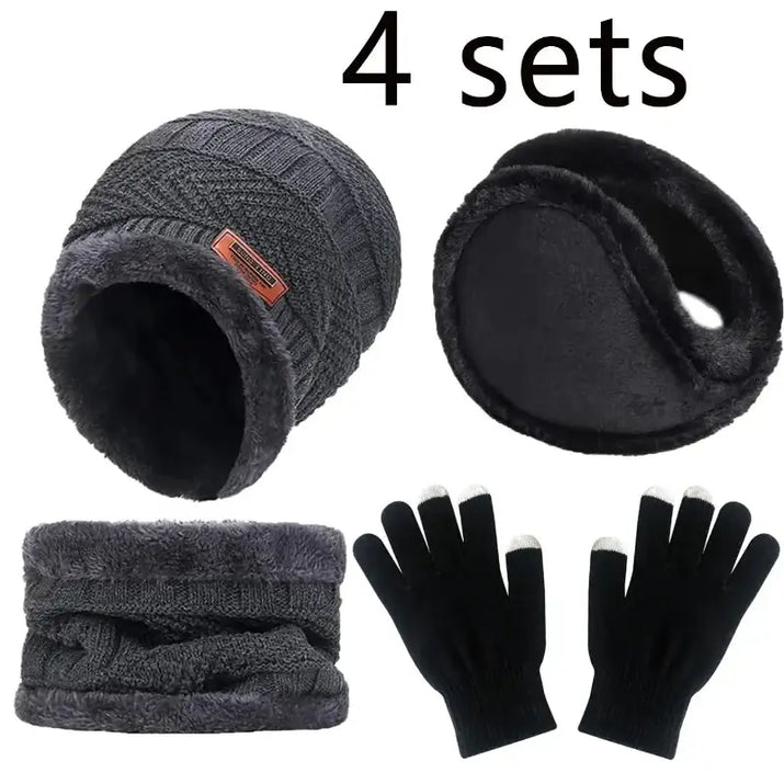Set of winter accessories including a beanie, ear muffs, scarf, and gloves on a white background.