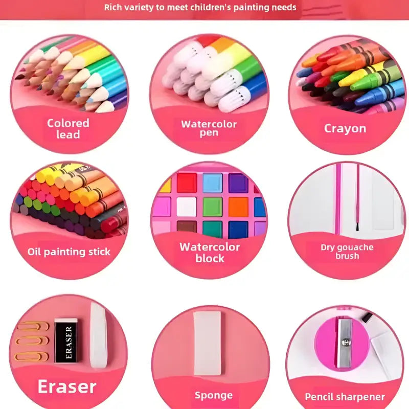 Collection of art supplies including colored lead, watercolor pen, crayon, oil painting stick, watercolor block, dry gouache brush, eraser, sponge, and pencil sharpener on a pink background.