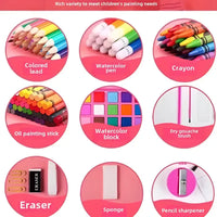 Collection of art supplies including colored lead, watercolor pen, crayon, oil painting stick, watercolor block, dry gouache brush, eraser, sponge, and pencil sharpener on a pink background.