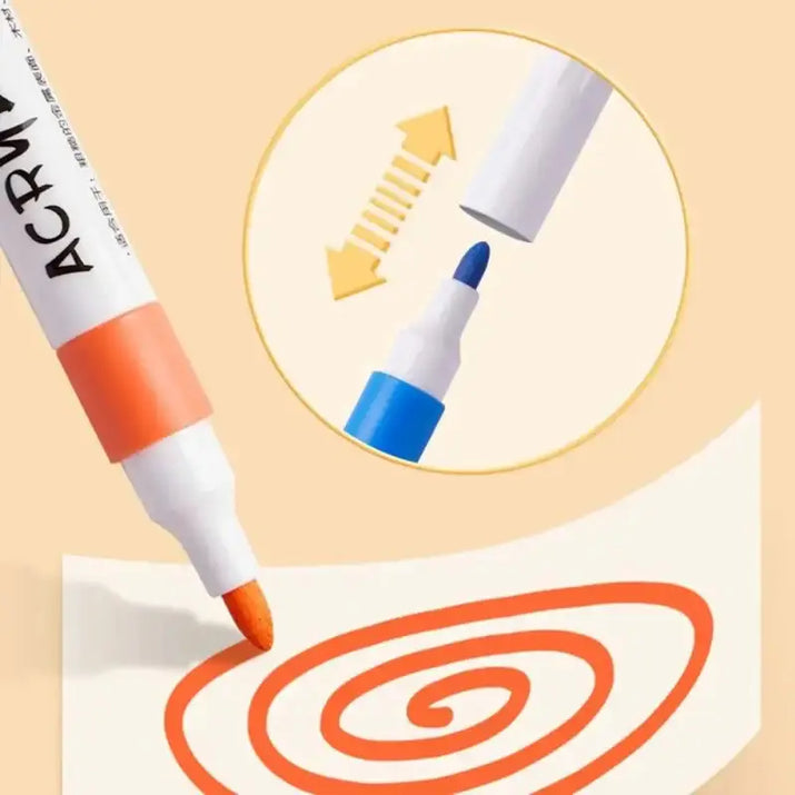 Acme marker drawing a spiral on paper with close-up of marker caps.