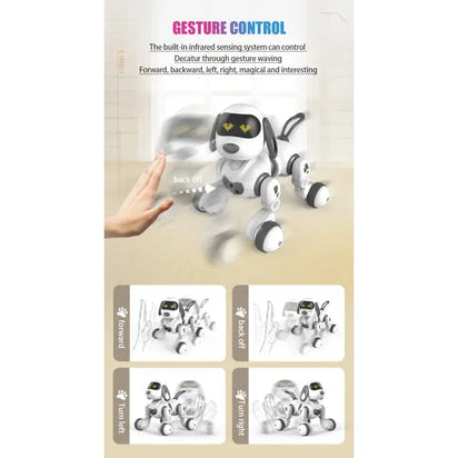 Toy robot dog with gesture control features on a beige background