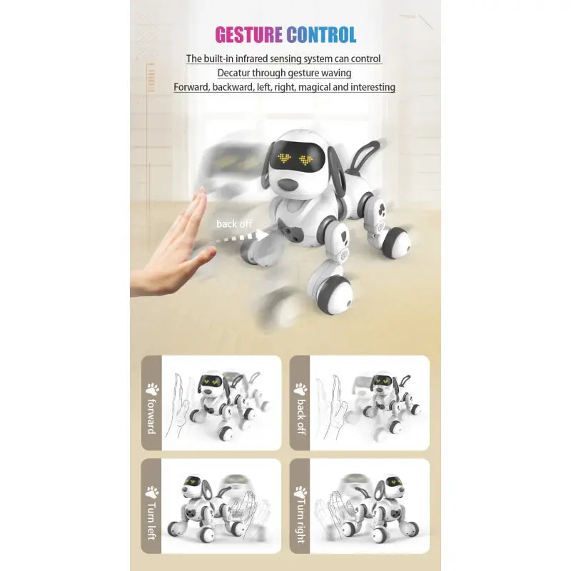 Toy robot dog with gesture control features on a beige background
