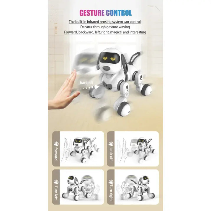 Toy robot dog with gesture control features on a beige background