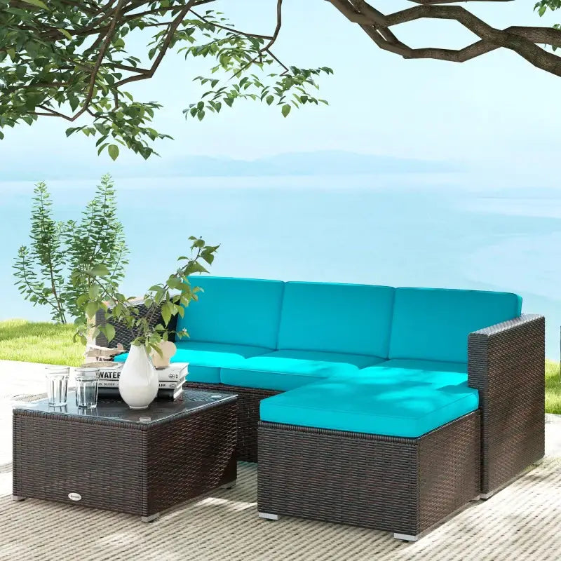 Wicker patio sectional with turquoise cushions, perfect for outdoor patio furniture setup