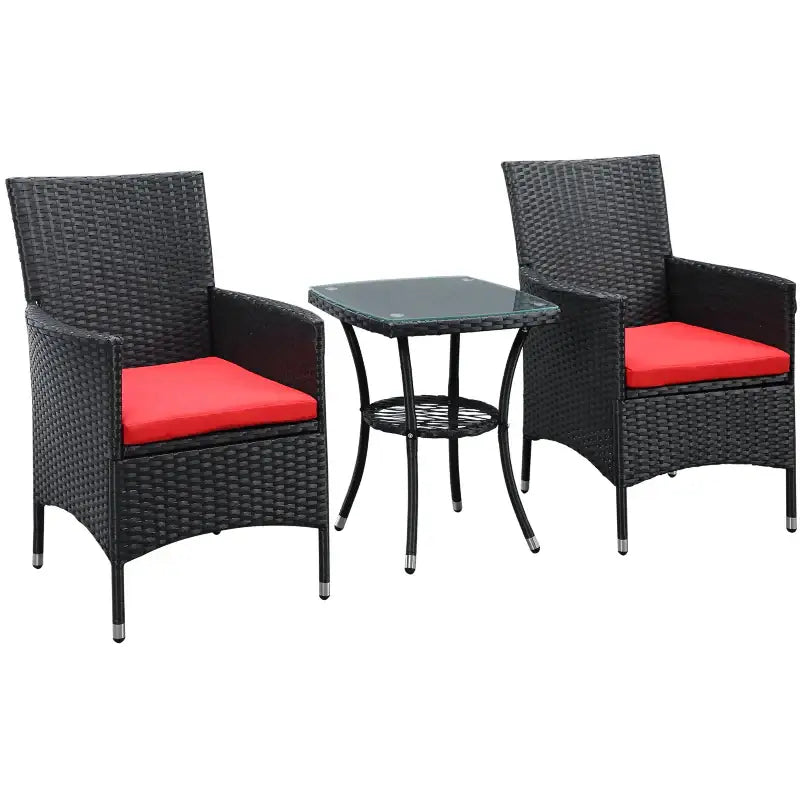 Wicker furniture set with red cushions in a stylish wicker patio furniture set