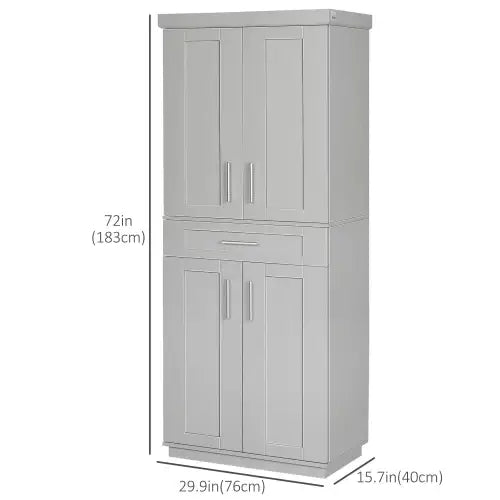 Gray kitchen pantry cabinet with dimensions for spacious storage and organization