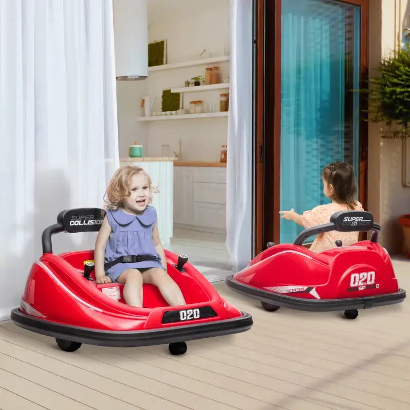 Two red 12V Kids Bumper Cars with children enjoying the kids bumper car ride