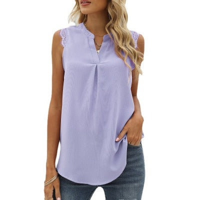 Solid Color Loose V-Neck Lace Tank Top