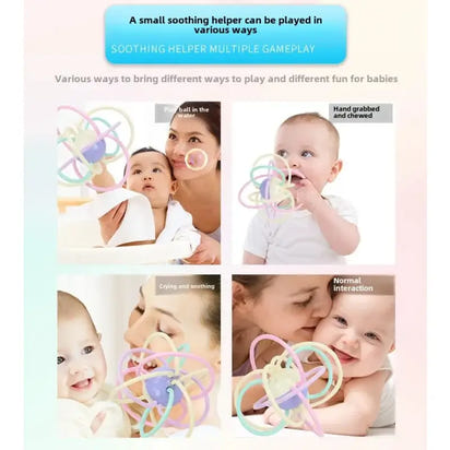 Baby toys with text on various ways to use them, including holding, chewing, and soothing.