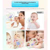 Baby toys with text on various ways to use them, including holding, chewing, and soothing.
