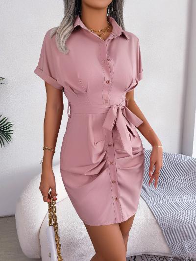  Batwing Sleeve Waist-tight Folding Shirt Dress