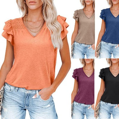 V-neck Pleated Short Sleeves Loose Top