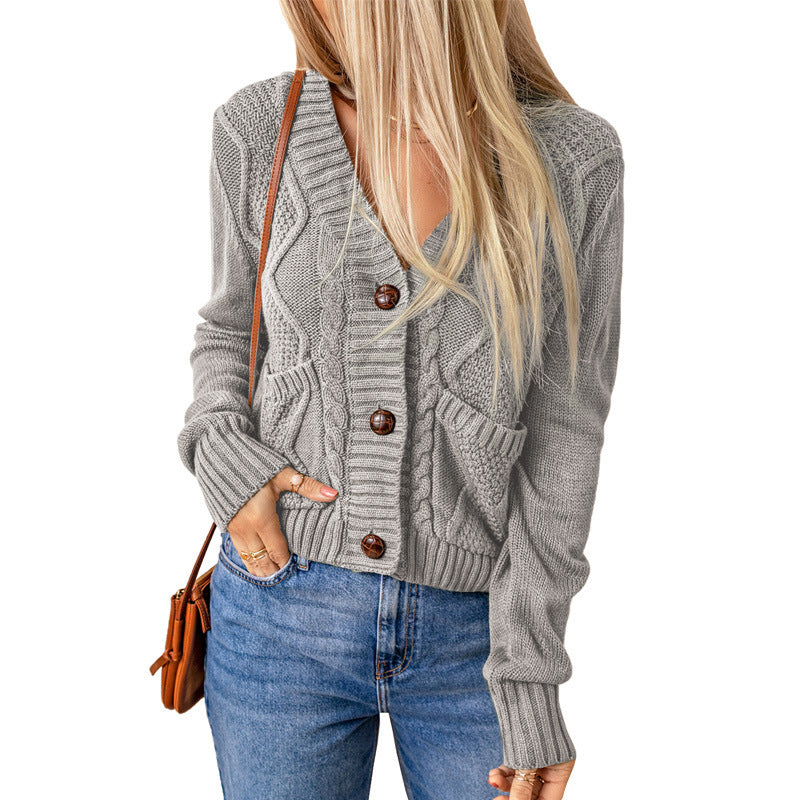 Solid Color Knitted Pocket Button Cardigan